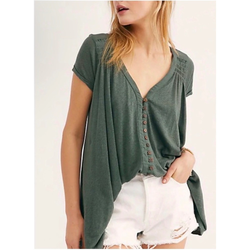 Free People Highland Top Green Button Down V-Neck Smocked Tunic Tee XS